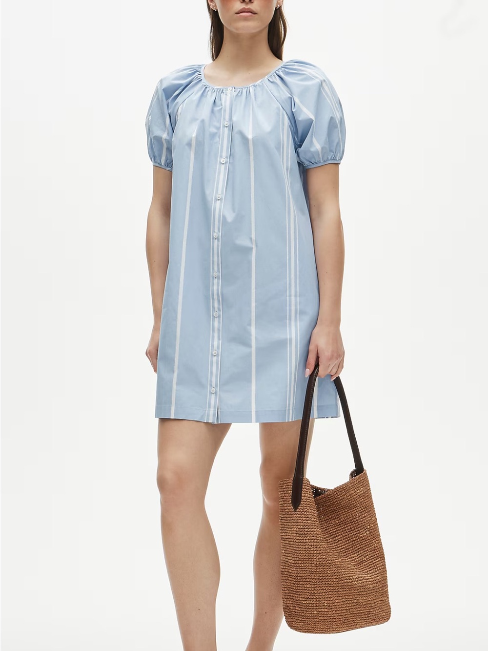 J.Crew Puff-sleeve popover dress in striped cotton poplin Striped Cotton Button